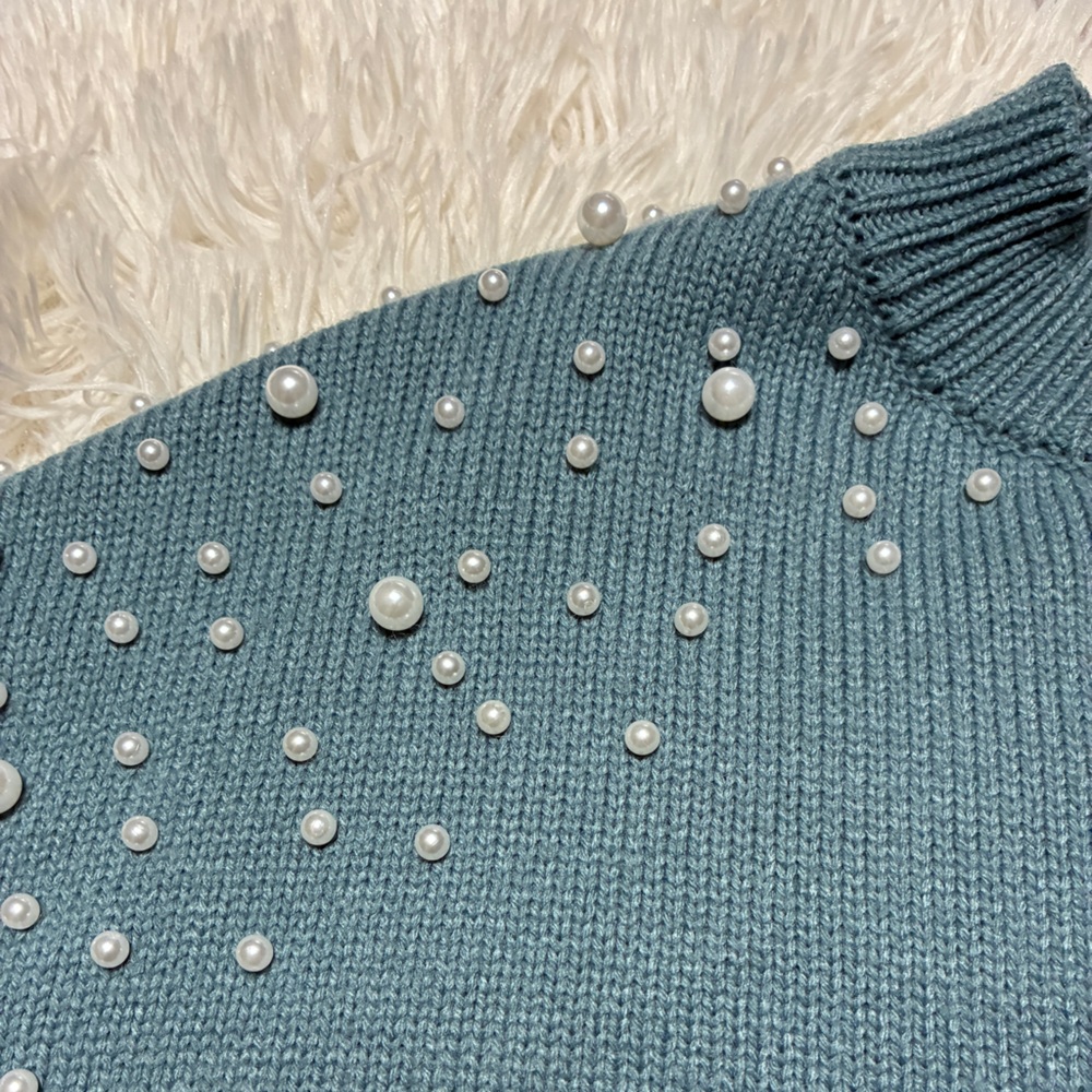 Women's Teal Pearl-Embellished Sweater - Picture 7 of 11